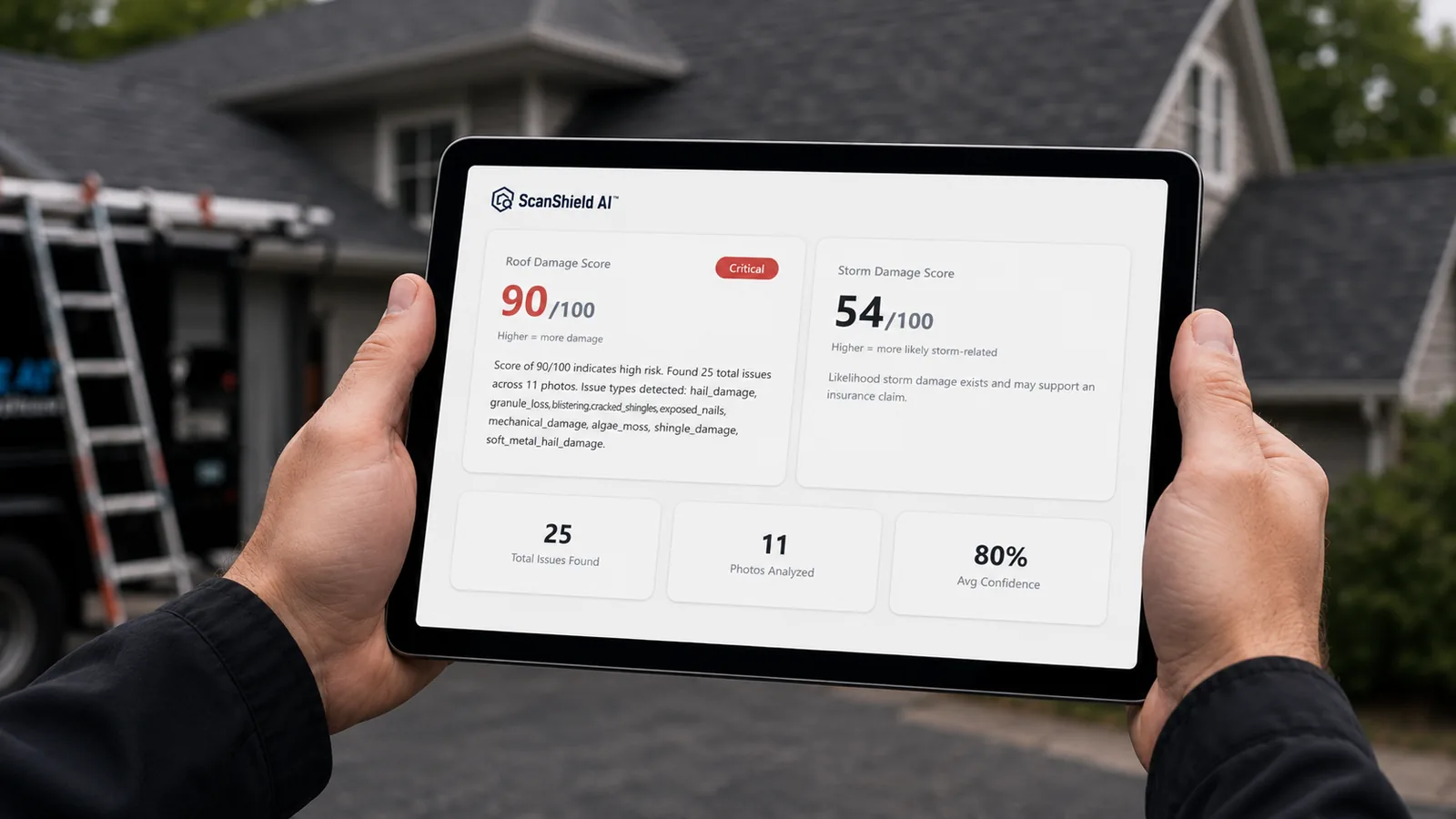 A roof inspector holding a tablet in front of a house, showing ScanShield AI's damage summary with a Roof Damage Score of 90 out of 100, a Storm Damage Score of 54, and counts of issues found and photos analyzed